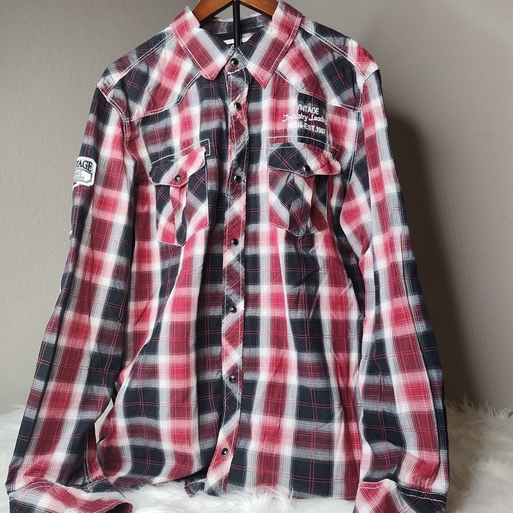 BKE Vintage Western Shirt Men XL Red Plaid Pearl Snap Supreme Heritage Slim